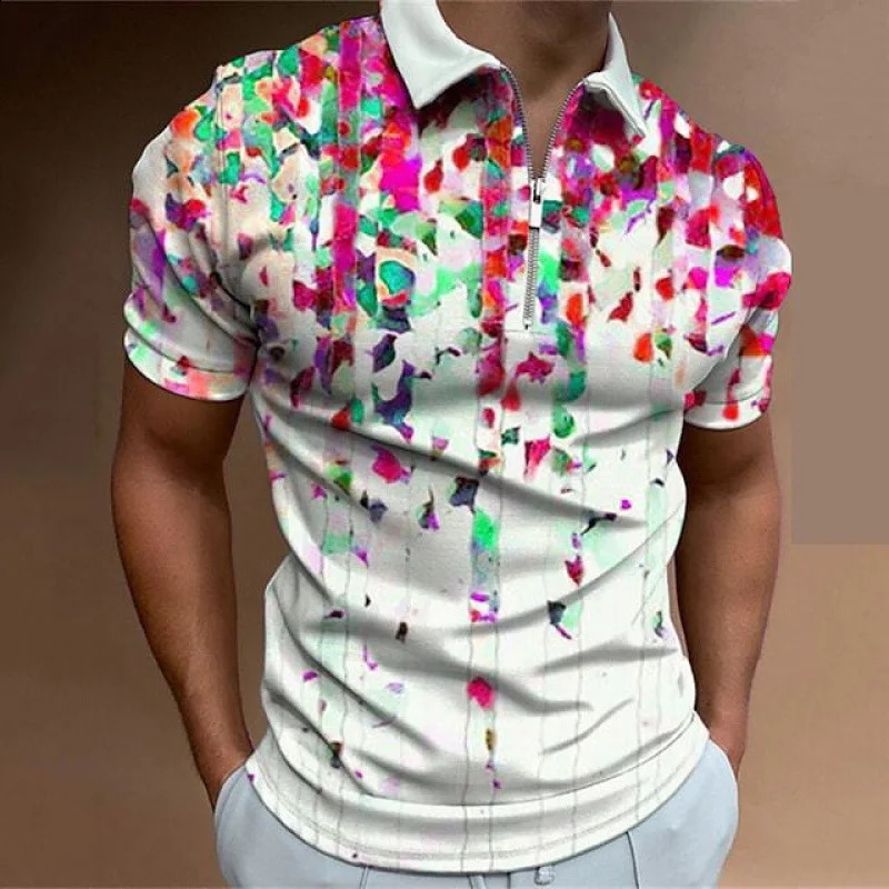 European and American mens zipper polo shirt lapel short sleeved fashionable casual 3D printed Tshirt 240828