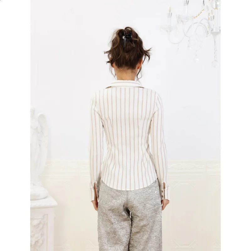 White womens long sleeved vertical striped polo neck summer fashion Y2K retro womens clothing top 240827