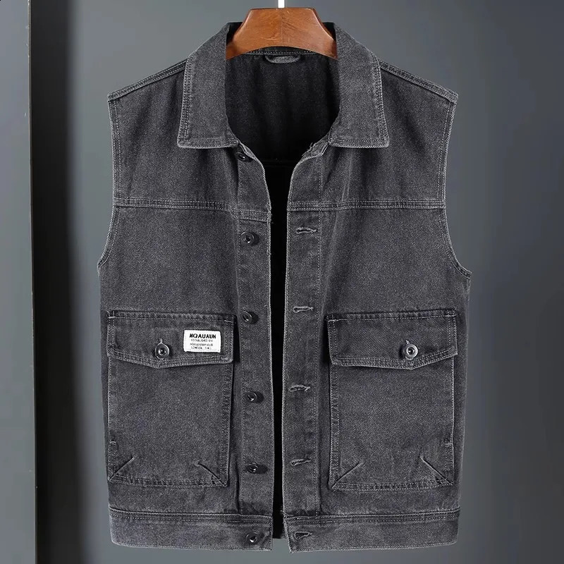SpringAutumn Mens Solid Color Pocket Denim Tank Top Loose Jeans Jacket Casual Sleeveless D714 240827