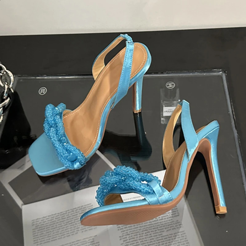 Liyke sexy bouncing sandals womens summer fashion crystal chain square shoelaces slip suspenders thin high heels party dance shoes 240827
