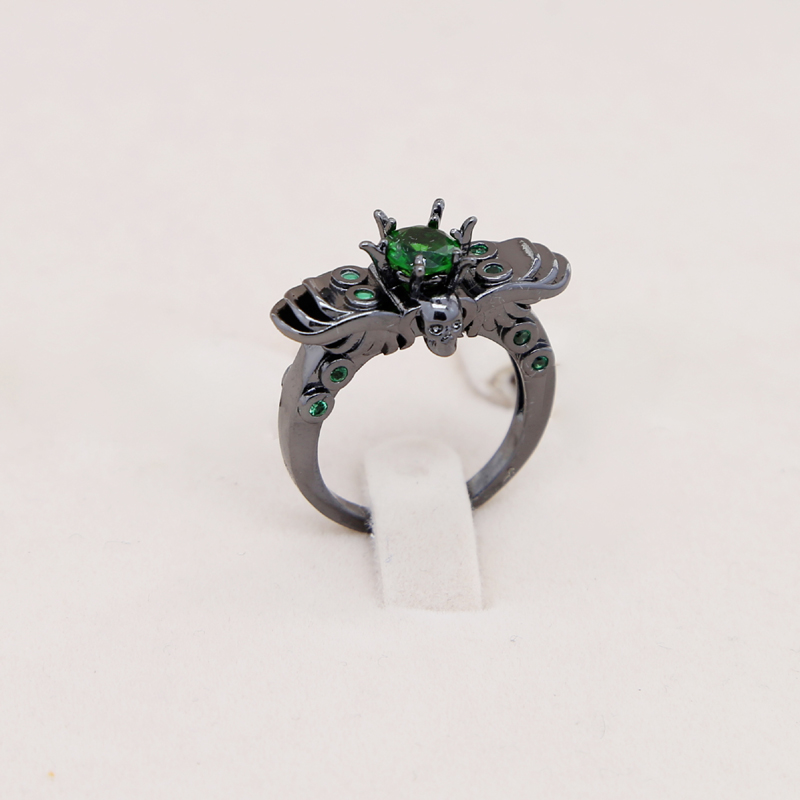 Halloween Iced-Out Skull Cz Ring: Unisex Green Cubic Zirconia Black Ring