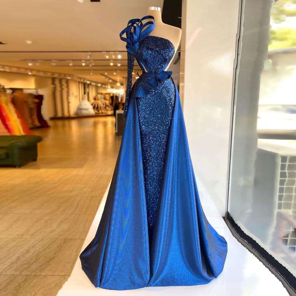 Glitter Sequins Blue Elegant One Shoulder Dresses Long Sleeve Handmade Wer Women Party Gowns Plus Size Custom