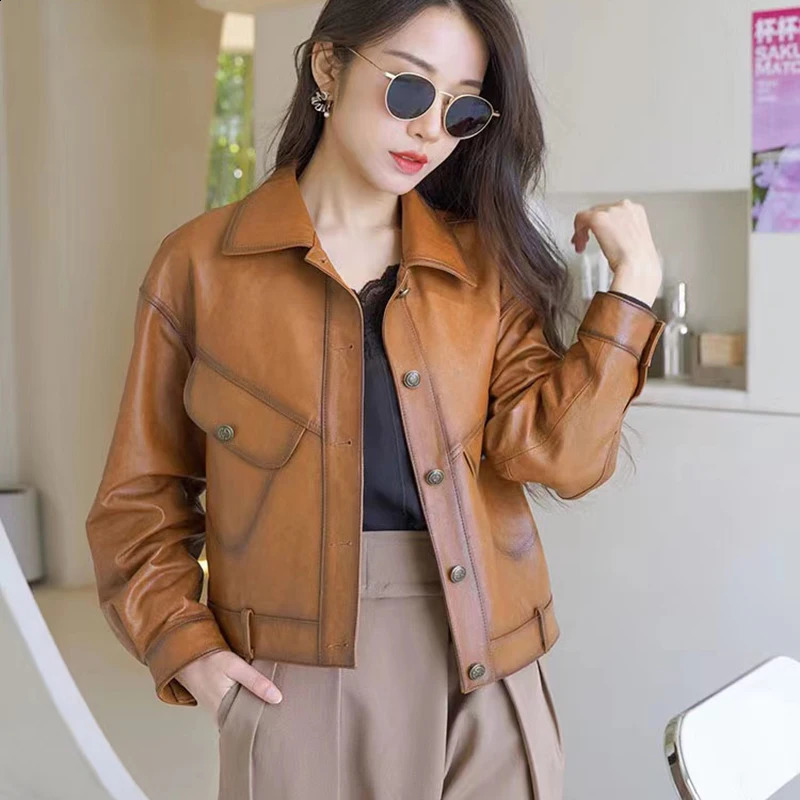 Khaki leather jacket winter coat womens sheepskin short casual full matching show thin motorcycle small Chaqueta Jassen women 240827