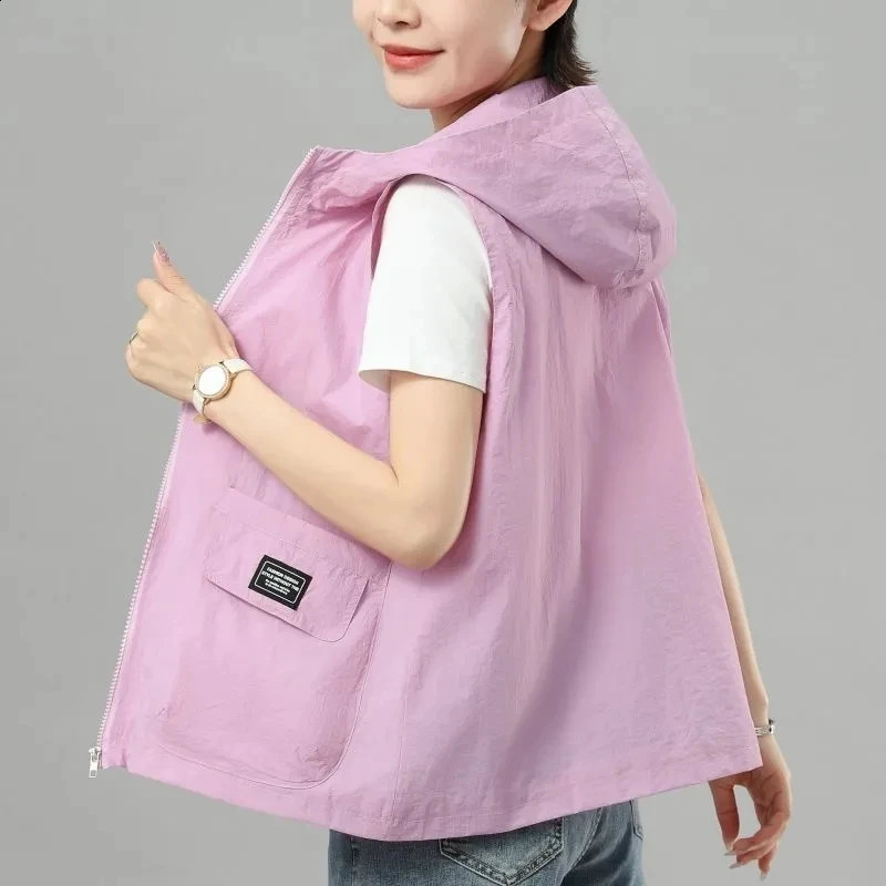 Womens hooded sun protection vest for Spring and Summer casual sleeveless womens thin vest womens jacket womens top 240828