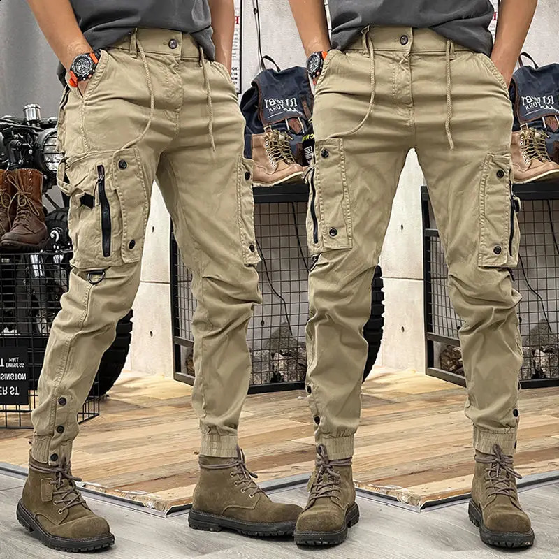 Military tactical cotton cargo pants mens elastic casual Trouser zipper multi pocket runner fashionable khaki black military green 240827