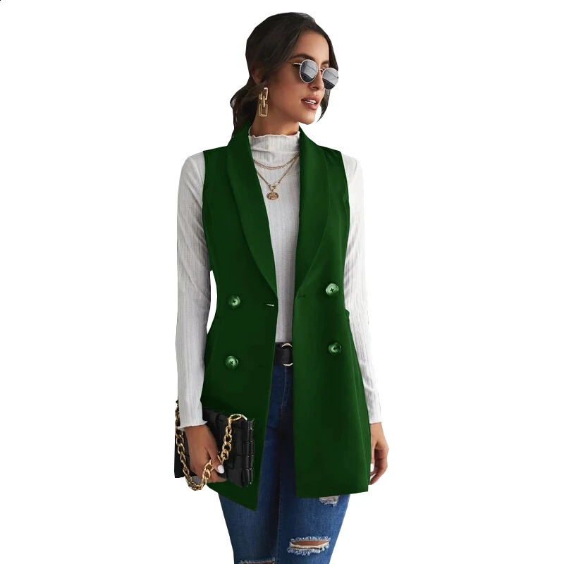 Womens jacket double chest long jacket retro ultra-thin waist jacket womens sleeveless 240828
