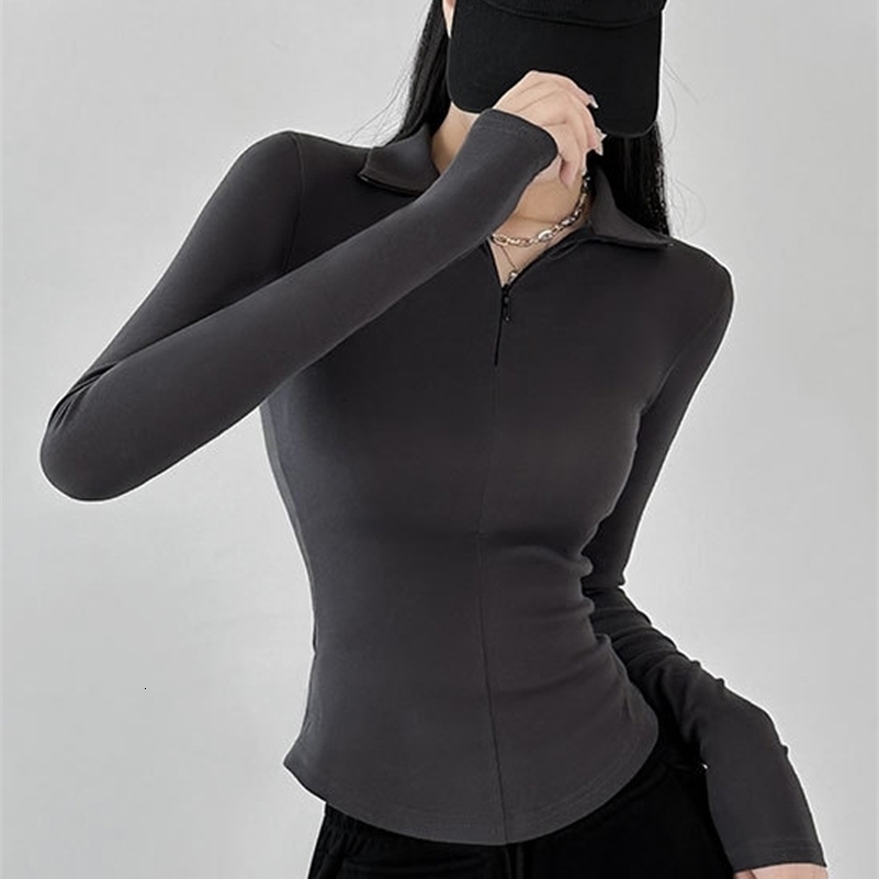 BVIGAOS spring/summer ultra-thin long sleeved T-shirt for women black spicy cotton zipper lapel polo neck top 240827