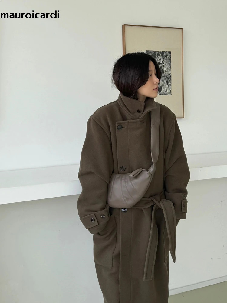 Mauroicardi autumn and winter extra long warm brown wool blend coat mens y ner unisex 240827