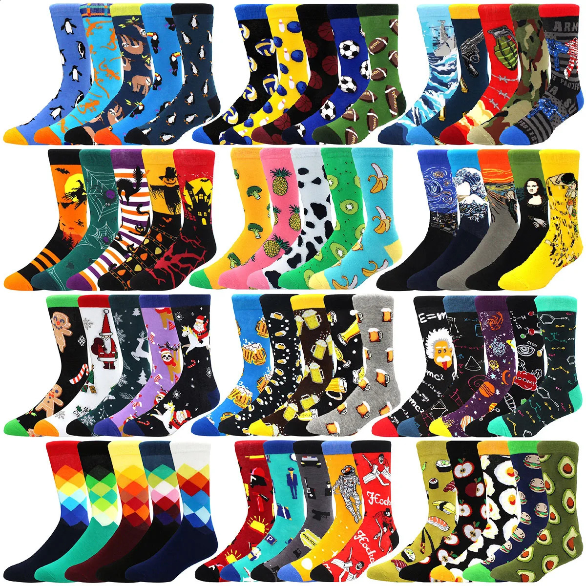 5 Pairs Men Middle Tube Socks Fun Casual Business Colorful Halloween Animal Vintage Happy Woman Cotton 240827