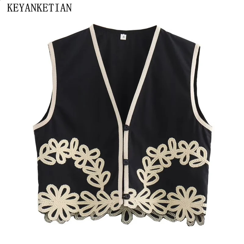 KEYANKETIAN womens decal embroidered decorative vest summer holiday style button sleeveless crop ultra-thin vest 240828