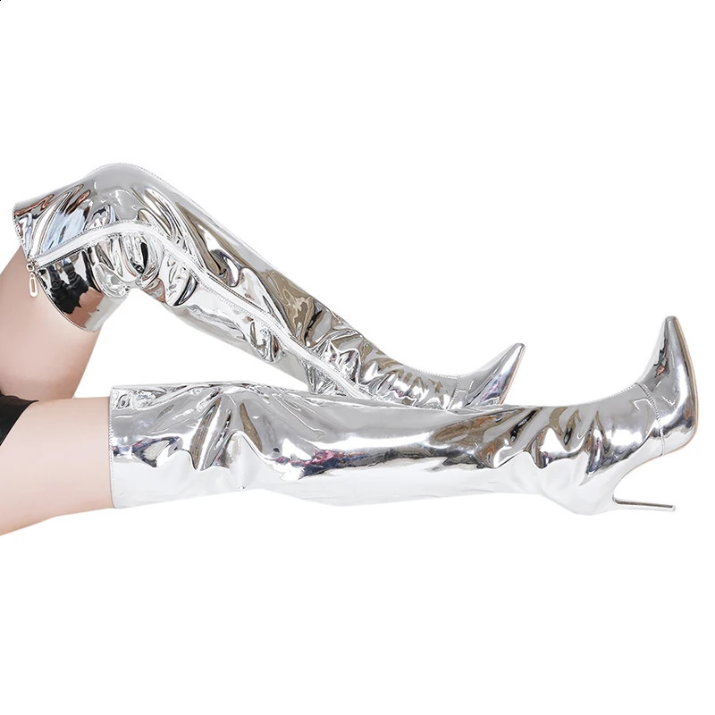 Womens boots mirrored platform Pointy toes knee high and thin boots long boots autumn and winter zippers silver casual party shoes 240827