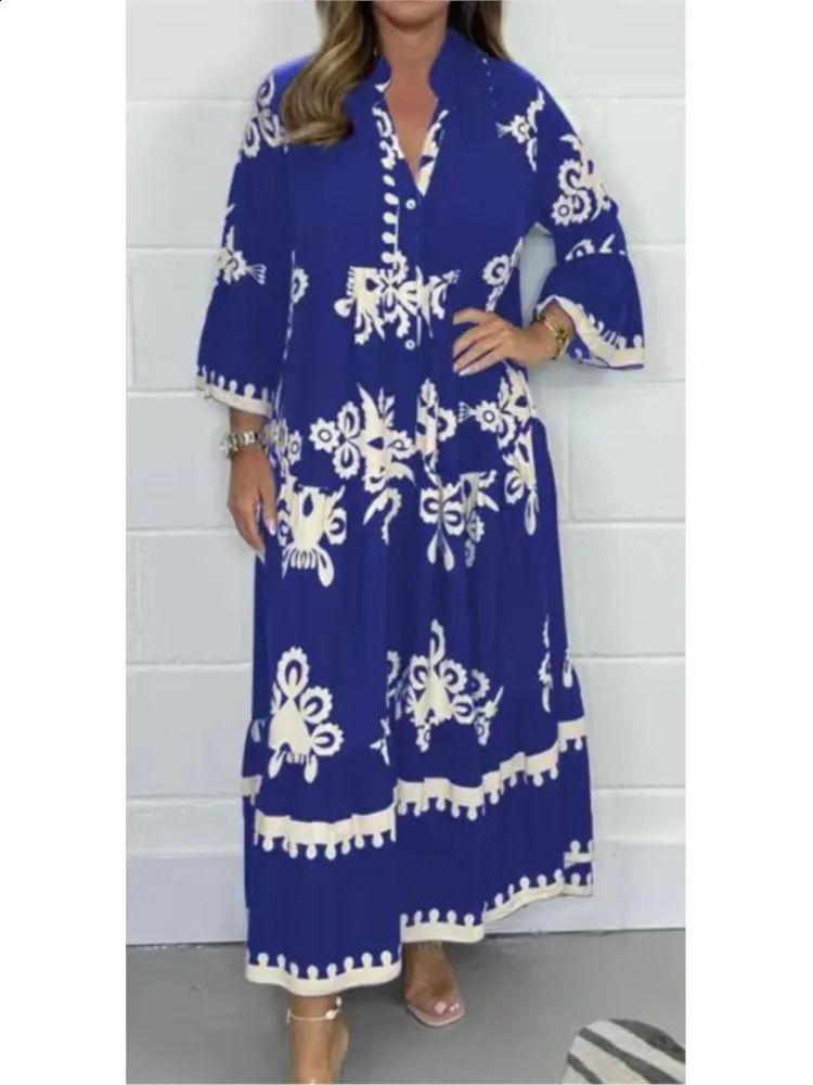 Womens Printed Loose Ethnic Retro Dress Spring and Autumn V-neck Button A-line Long Dress Summer 3/4 Sleeve Bohemian Long Dress