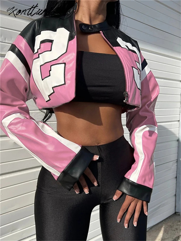 Kontturi Autumn Retro Racing Pu Womens Leather Jacket O-neck Long sleeved Crop Top Street Letter Printing Red Zipper Jacket 240827