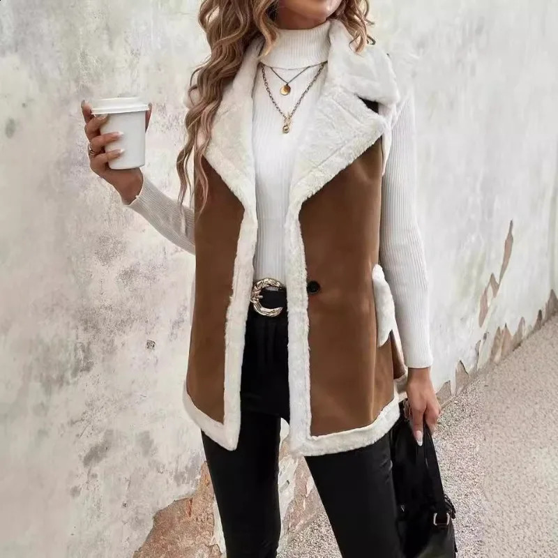 Fashionable womens casual wool spliced vest fashionable style loose neckline medium length vest sleeveless jacket 240828