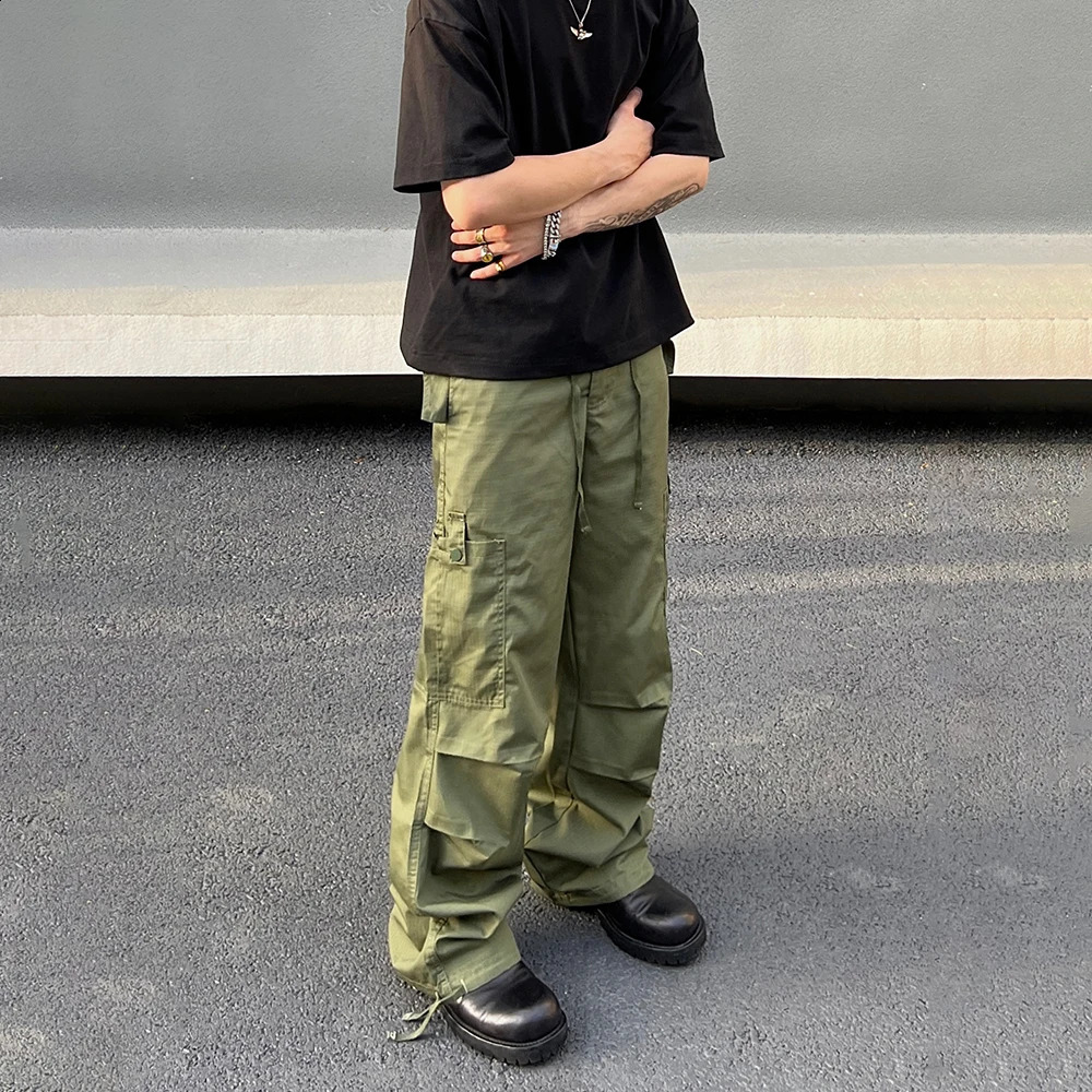Army Green Cargo Pants Mens Summer Bag Multi Pocket Loose Casual Fashion Y2k Autumn Straight Leg Street Clothing Wide Trousers 240827