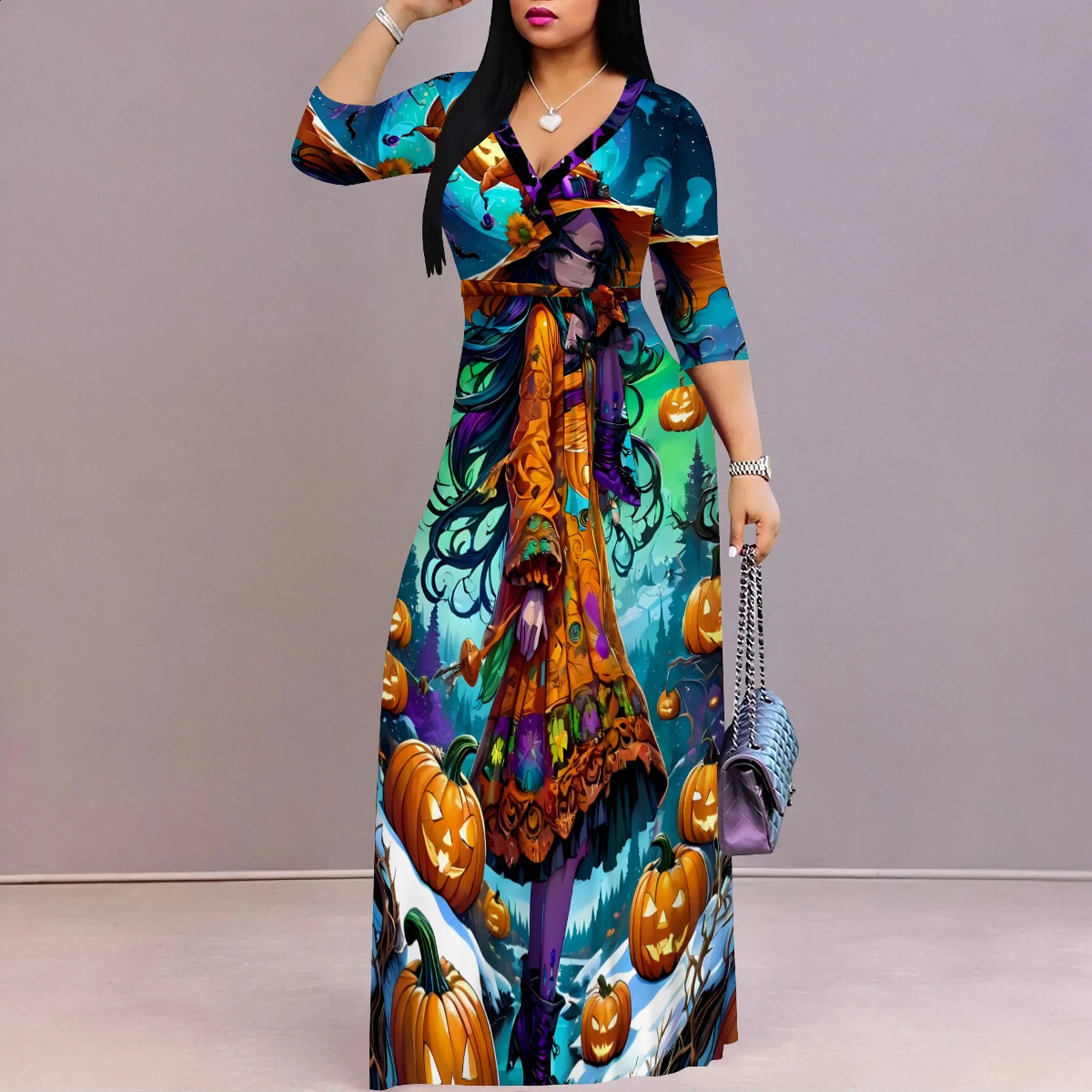 Ladies Halloween party elements printed long sleeved V-neck high waisted long skirt autumn city fashion stunning dress 240827