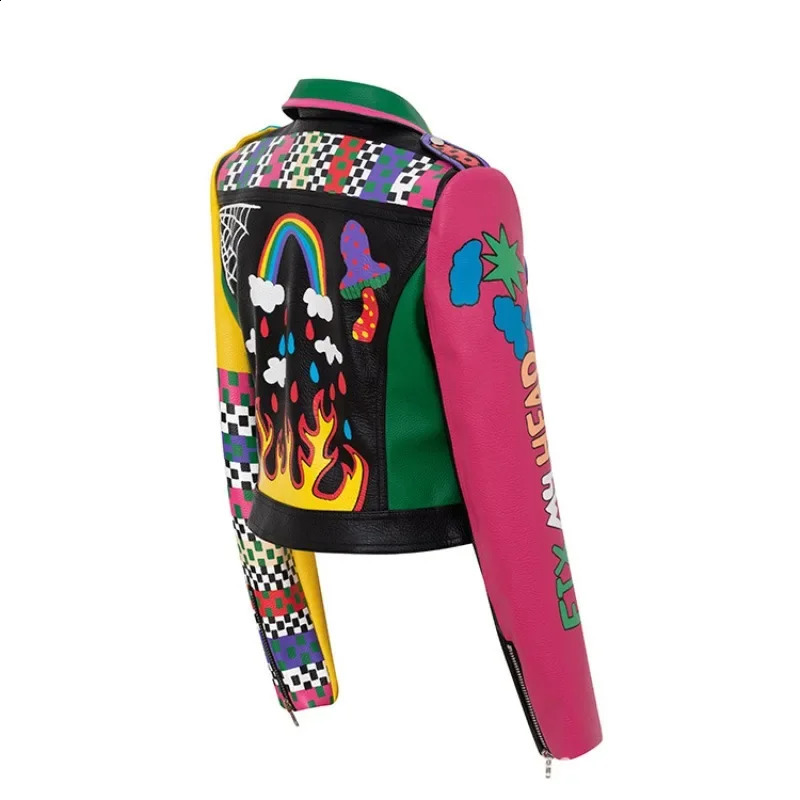 Leather Womens Short Graffiti Printed Small Coat Pu Jacket Korean Motorcycle Set Collar Leather 240827