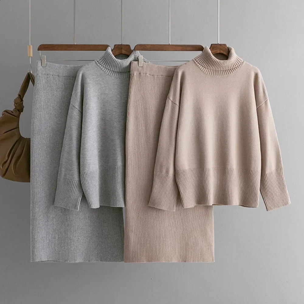 Circyy Knitted Skiing Set Womens Two Piece Turtle Neck Pulling Flower Long Sleeve Sweater Autumn Black Jumper 240827