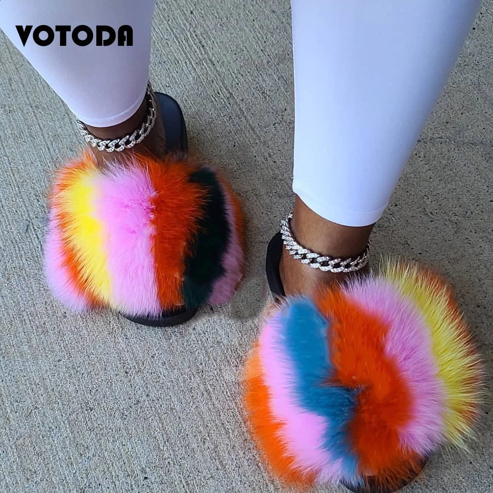 Fur slider womens real fox fur slider indoor flat flip casual Raccon fur sandals plush shoes cute fluffy shoes 240827
