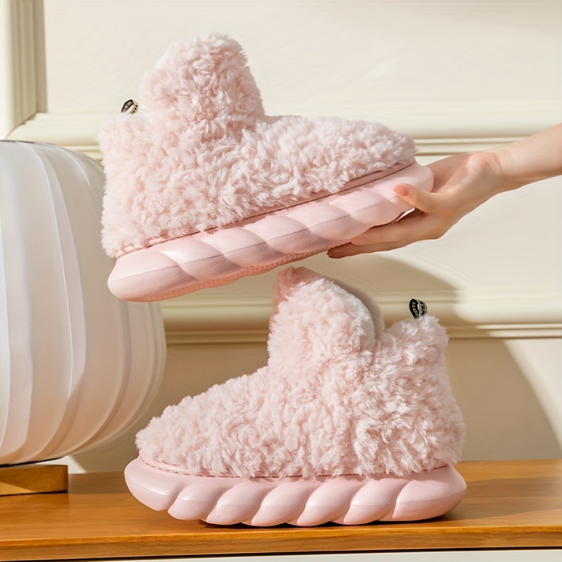 Women's solid color plush slippers, high-top round-toe non-slip thick-soled plush warm shoes, comfortable indoor shoes and snow boots in winter