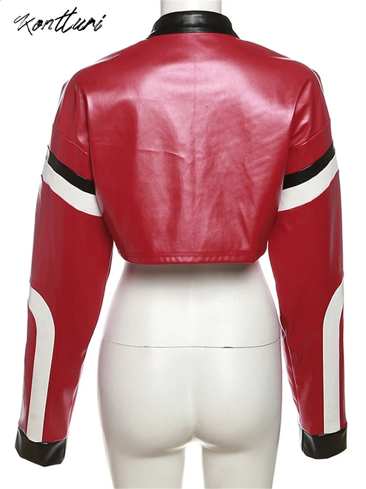 Kontturi Autumn Retro Racing Pu Womens Leather Jacket O-neck Long sleeved Crop Top Street Letter Printing Red Zipper Jacket 240827