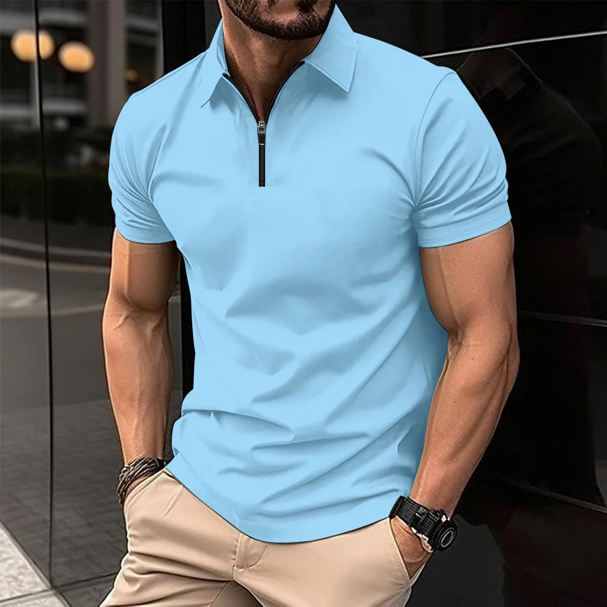 Mens summer short sleeved polo shirt mens half zipper solid color casual sports Tshirt loose fit 240828