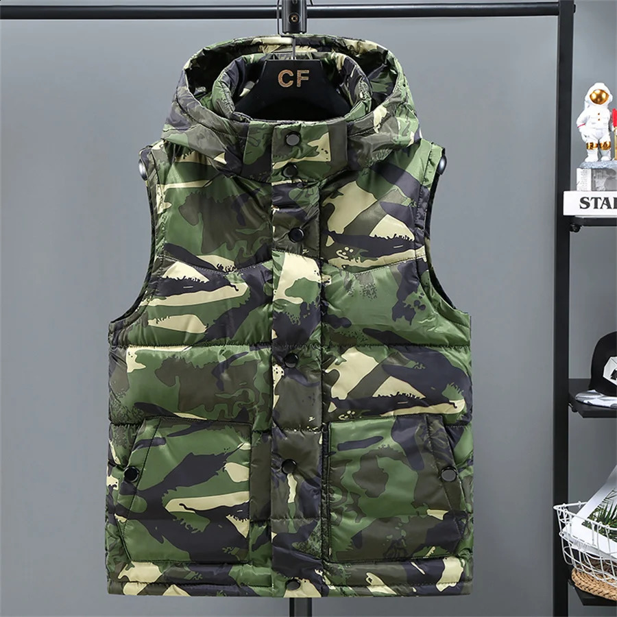 Mens Winter Tank Top Warm Thick Sleeveless Jacket with Camouflage Hooded Belt Work Clothes 240827