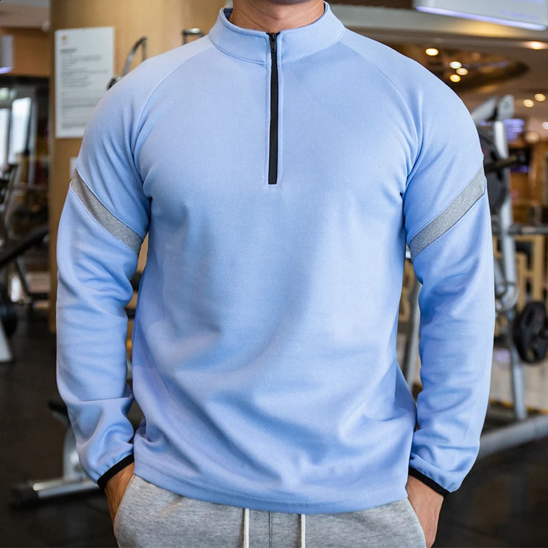 Gym mens Tshirt long sleeved ultrathin dry fit sports fitness winter comfortable breathable training half zip collar sportswear 240827