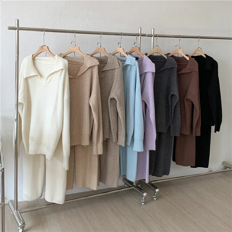 Winter Warm Knitted Two Piece Set for Womens Clothing Korean Casual Solid Collar SweaterWide Leg Pants 240827