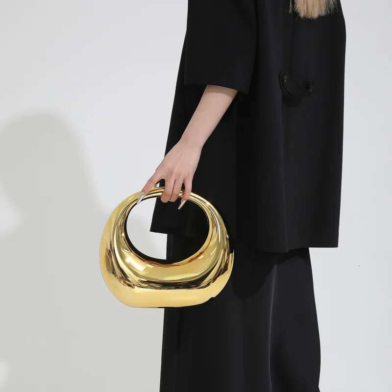 Women Gold Acrylic Crescent Half Moon Bags Personality Handbag Suitcase Makeup Dinner Clutch Round Handle PVC Wrist Bag