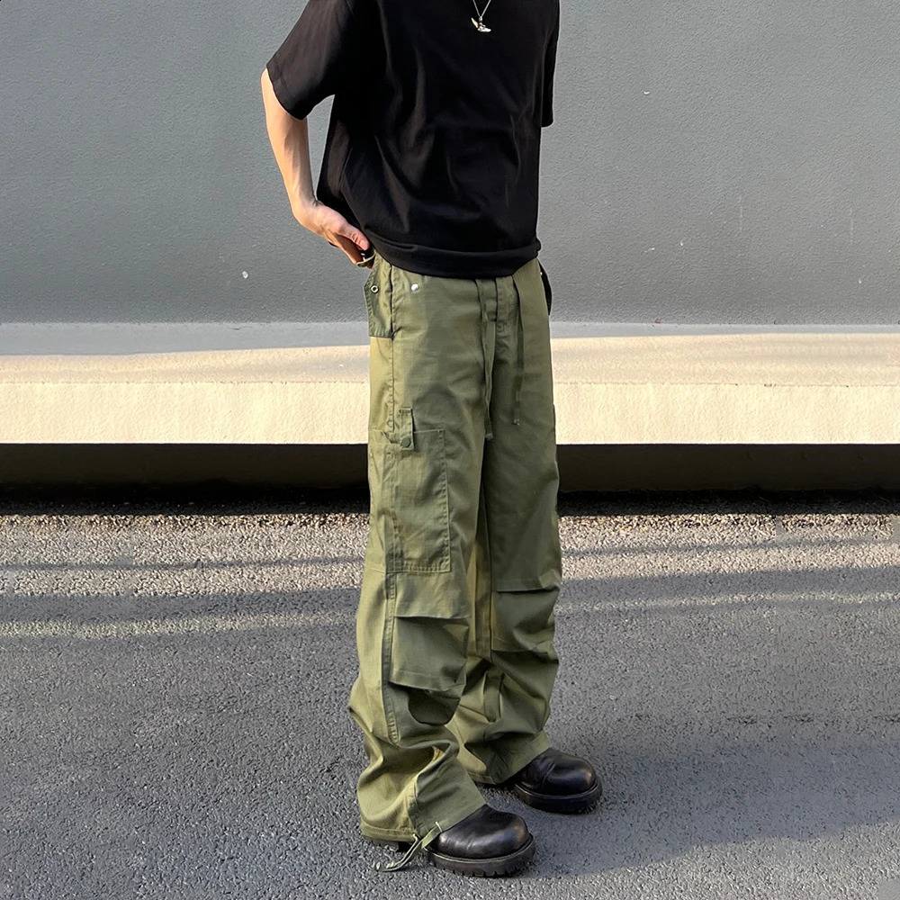 Army Green Cargo Pants Mens Summer Bag Multi Pocket Loose Casual Fashion Y2k Autumn Straight Leg Street Clothing Wide Trousers 240827