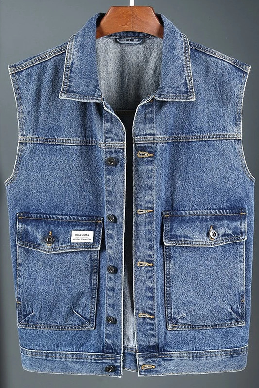 SpringAutumn Mens Solid Color Pocket Denim Tank Top Loose Jeans Jacket Casual Sleeveless D714 240827
