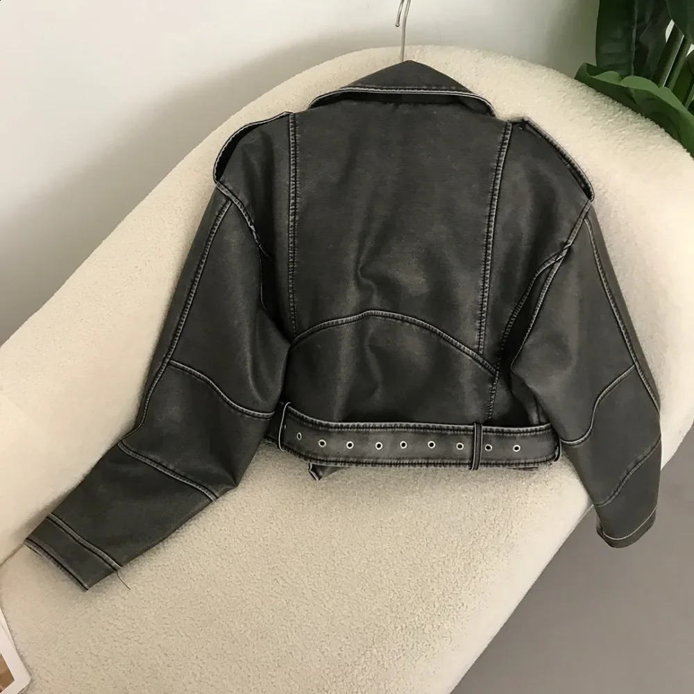 bicycle jacket fashionable womens spring synthetic leather jacket fashionable retro American streetwear short lapel zipper with streetwear 240827