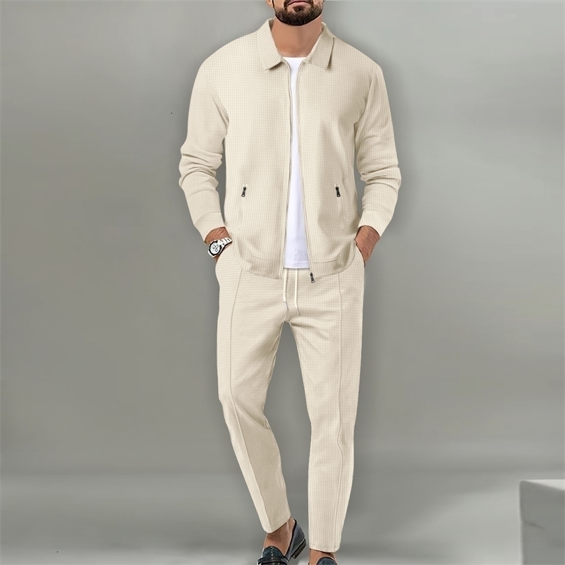 Spring/Summer Mens Two piece Breathable Waffle Grid Zipper Pocket Flip Collar Slim Fit Cardigan Coat and Pants Mens Set 240827