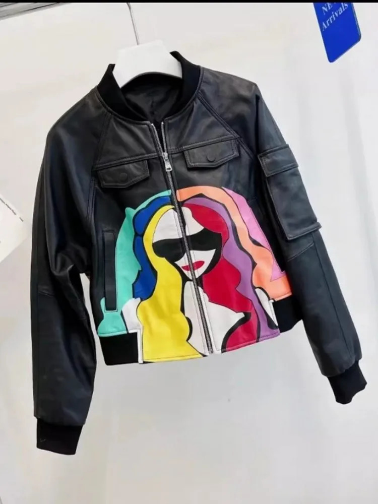 Fashion womens zipper holder collar color printed bomber jacket spring and autumn short style sheepskin leather jacket 240827