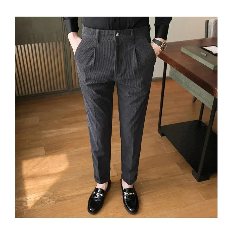 British Style Men High Waist Casual Dress Pant Belt n Slim Trousers Formal Office Social Wedding Party Suit Pants 240827