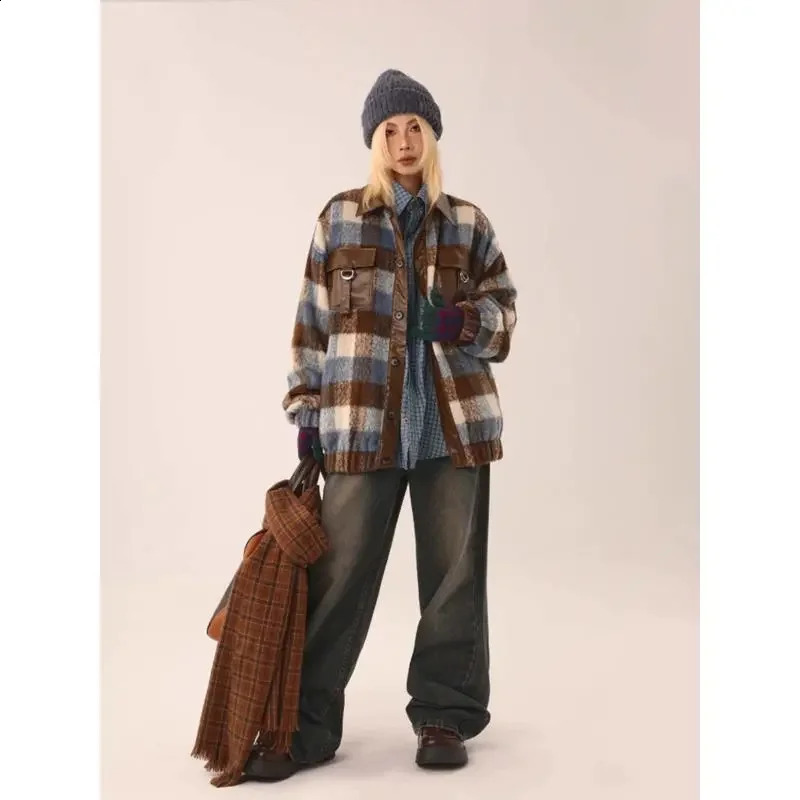 Spring/Summer American Checkered Wool Splicing Leather Jacket Womens Maillard Atmospheric Loose Jacket WS 240827