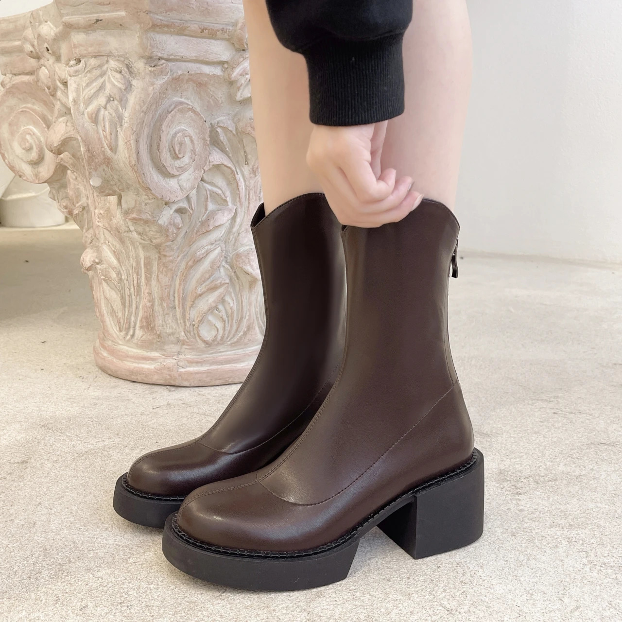 Ankle Boots for Women PU Leather Round Toe Behind Zipper High Heel Women Boot Fashion Concise Short Boots D103 240826 - view 5