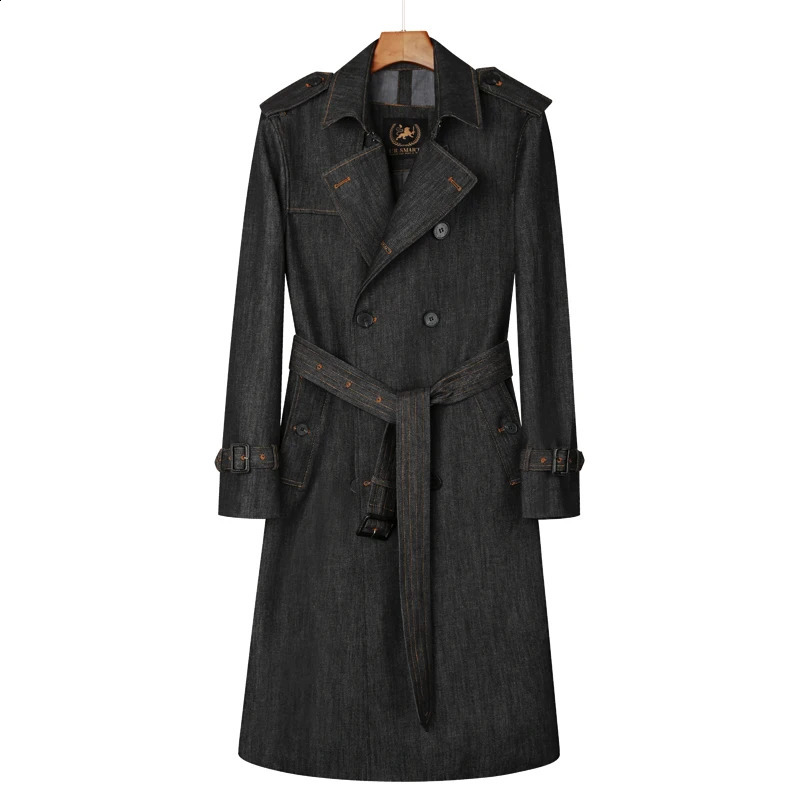 Denim long trench coat over the knee double breasted British Autumn and winter thickened warm retro classic mens windbrea 240828CJ - view 7