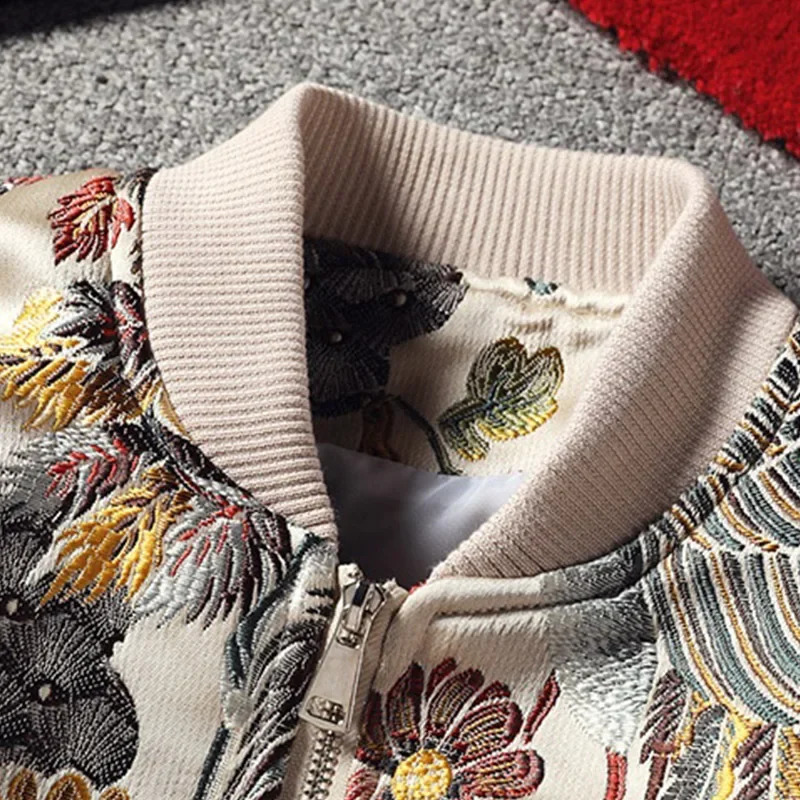 Japanese style mens floral and crane embroidery bomber jacket stand collar streetwear college baseball autumn coat 240827