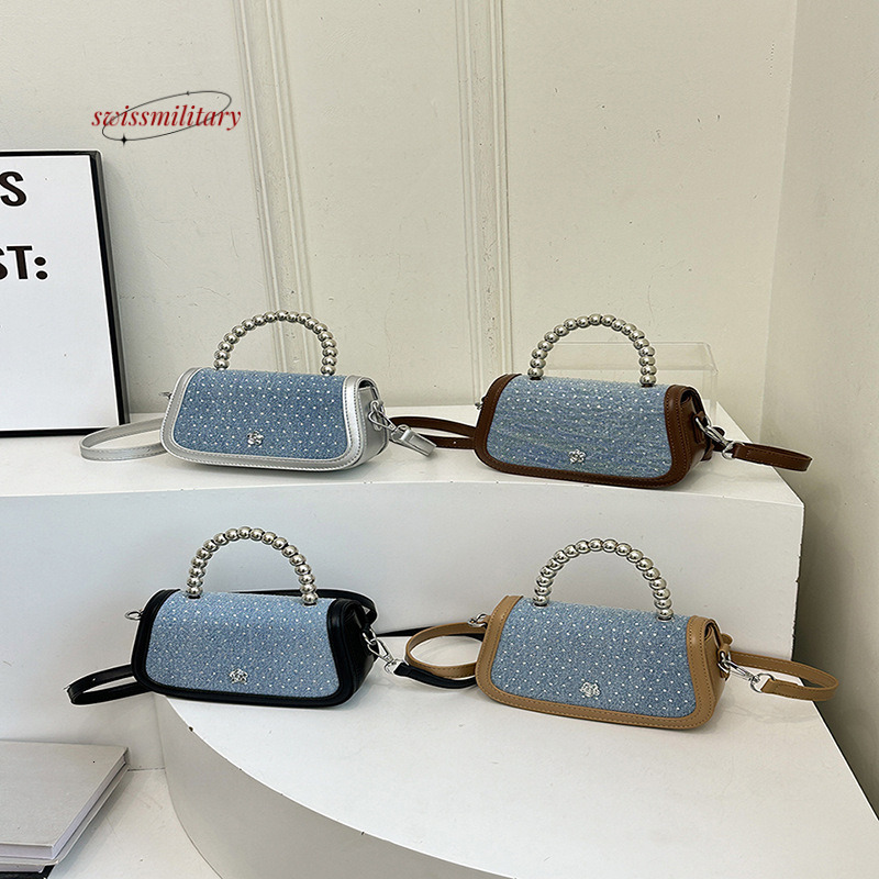 Swissmilitary High end denim rhinestone for women, 2024 summer new trendy single shoulder diagonal cross bag, bead hand-held small square bag