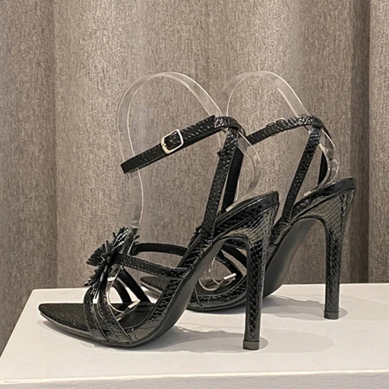 Liyke sexy snake patterned leather ankle strap sandals womens summer fashion crystal flower toe party dress high heels 240827