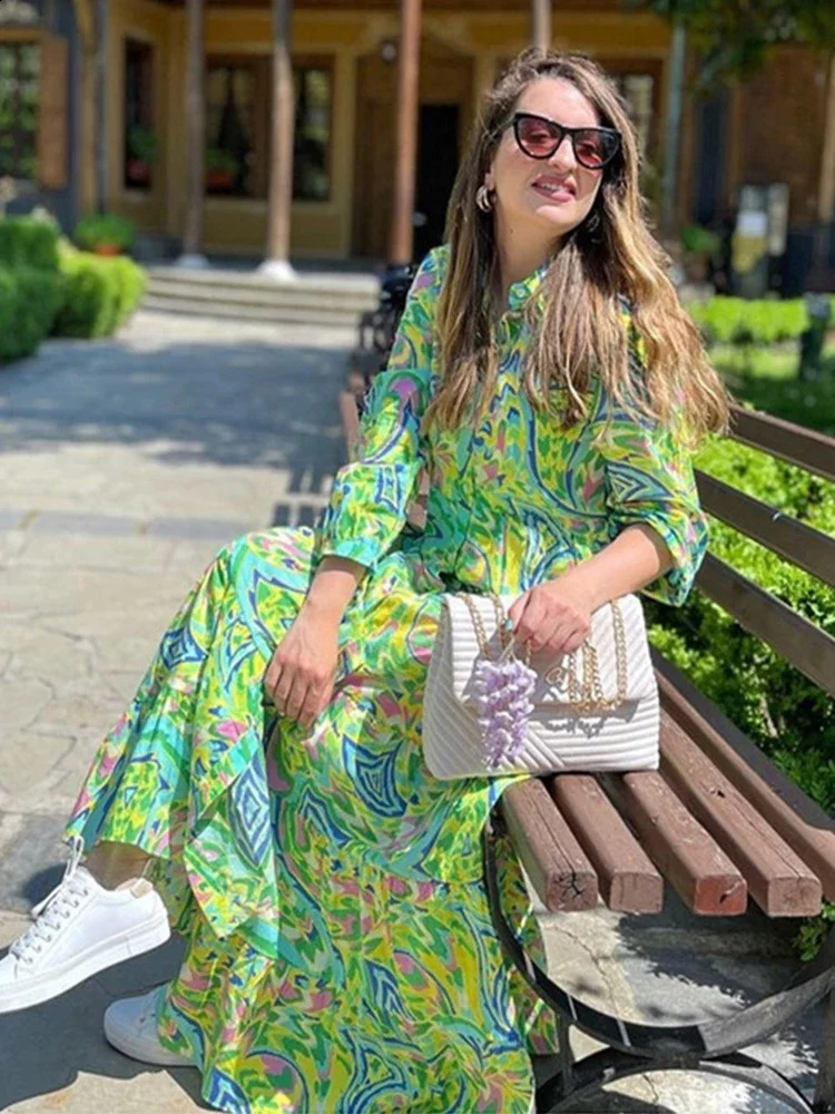 Foridol Paisley printed shirt dress elegant autumn spring green floral print bohemian womens long skirt sleeved Vestido 240828
