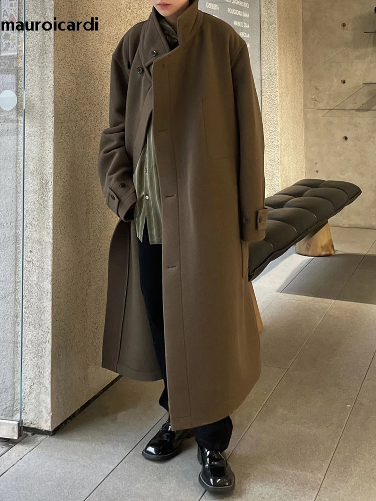 Mauroicardi autumn and winter extra long warm brown wool blend coat mens y ner unisex 240827
