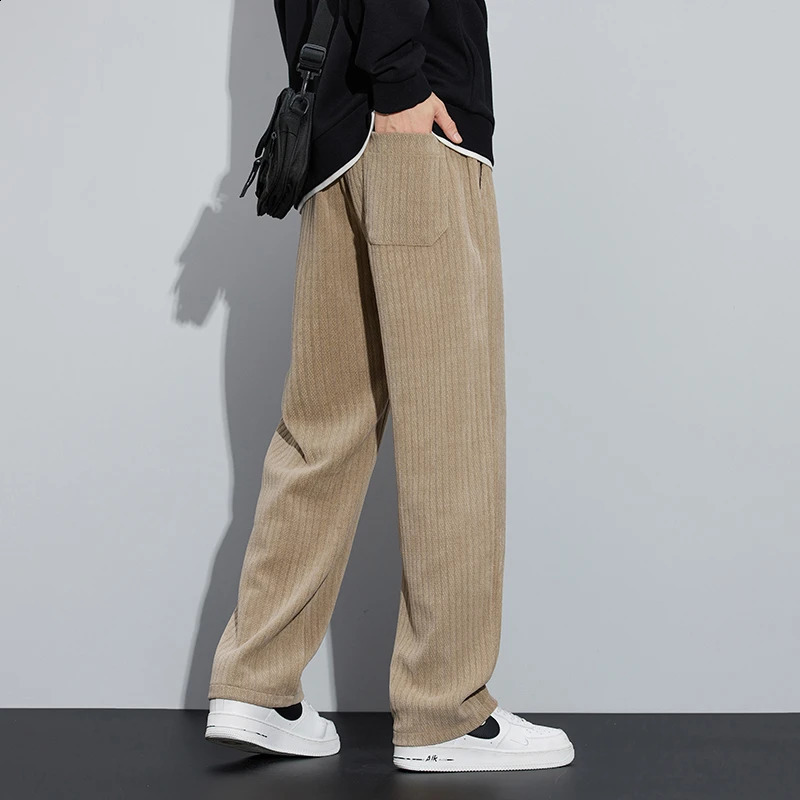 Corduroy Mens Baggy Casual Pants Elasticity Soft Khaki Black Fashion Korean Streetwear Autumn Drawstring Straight Trousers 240828