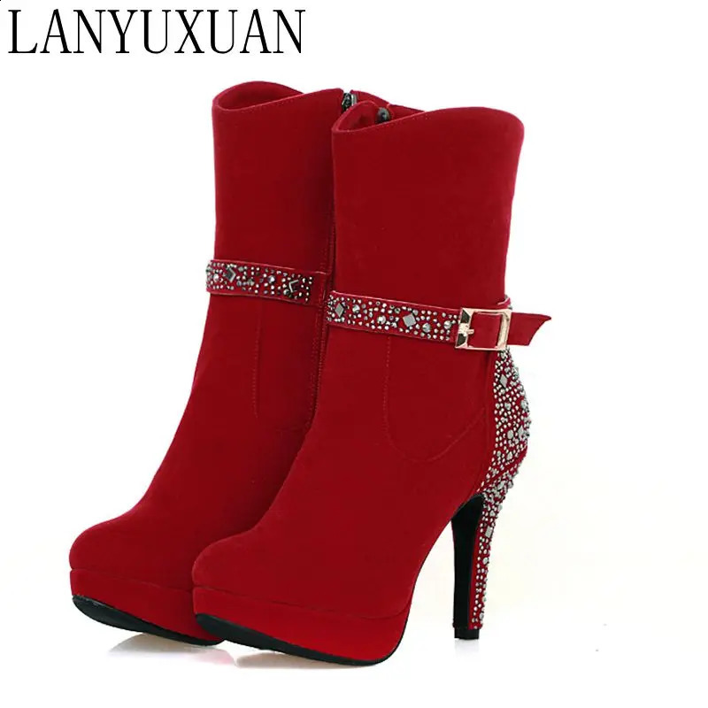 Large size 33-41 womens sexy high heels Gothic warm short boots autumn and winter shoes corner toe platform knight boots F315 240827
