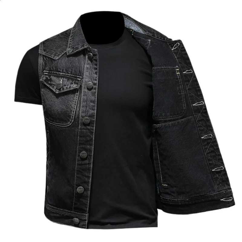 highend heavyduty motorcycle retro fashionable handsome guy with trend black gradient mens denim vest sleeveless S6XL 240827