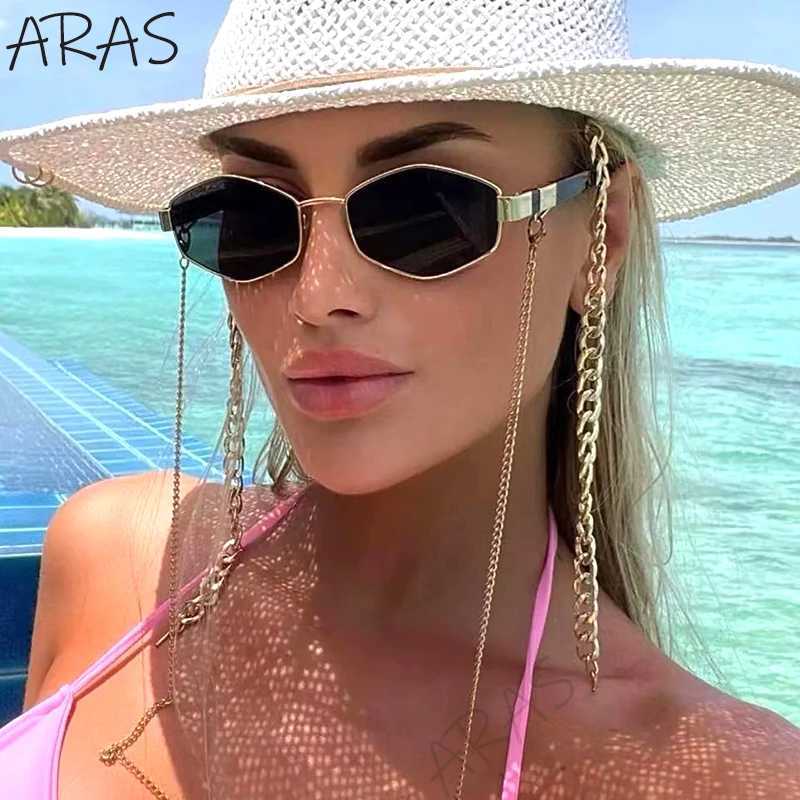 Trendy Retro Hexagon With Chain Sunglasses Women 2023 Brand Designer Unique Polygonal Sun Glasses For Female Small Frame Eyewear Y240827