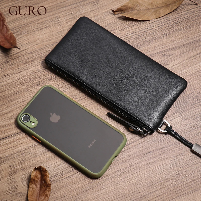GURO Mens Genuine Leather Long Wallet Natural Cowhide Clutch Bag Simplicity Slim Zipper Card Clip Coin Purse Mobile Phone Bags 240828