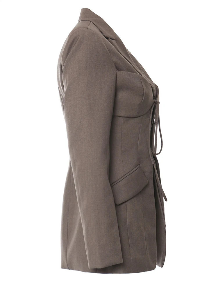 Womens Brown Bandage Hollow Elegant Jacket Collar Long Sleeve Fashion Trend SpringSummer 1DH5200 240827